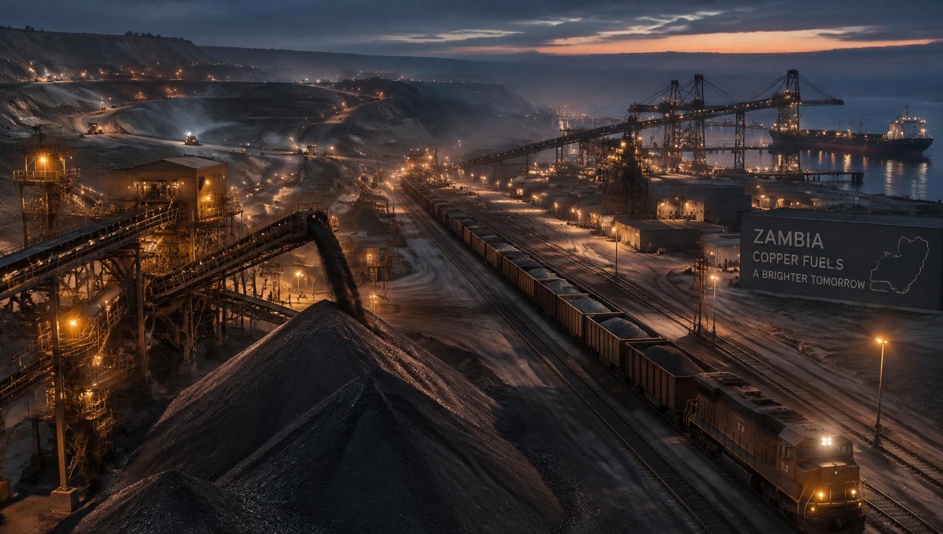 Copper mining and rail export terminal at dusk